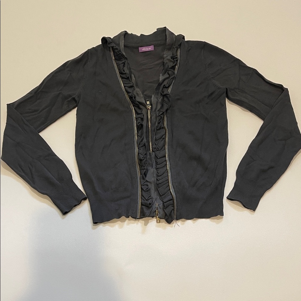 Olivia M. Black Ruffled Cardigan with Zip